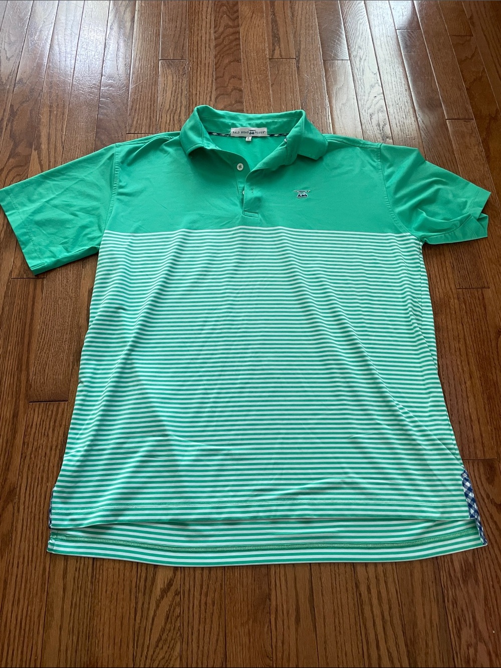 Bald Head Blues Green White Striped Polo Men’s Sz Large